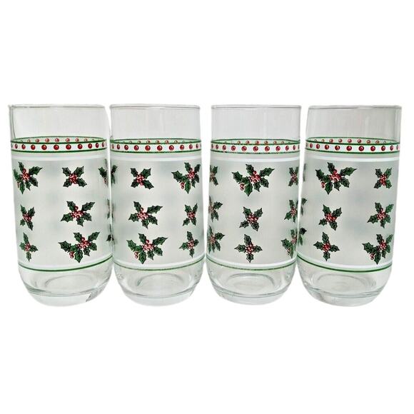 🎄🎅🏼Vintage Frosted Christmas Holly Glasses (Set of 4) Libbey - Picture 6 of 10